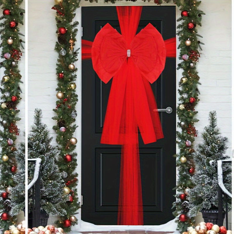 

Festive Red Double-layer Organza Christmas Bow Decoration - 31.5" Door Curtain With Hanging Ribbon, Perfect For Holiday Celebrations & Weddings