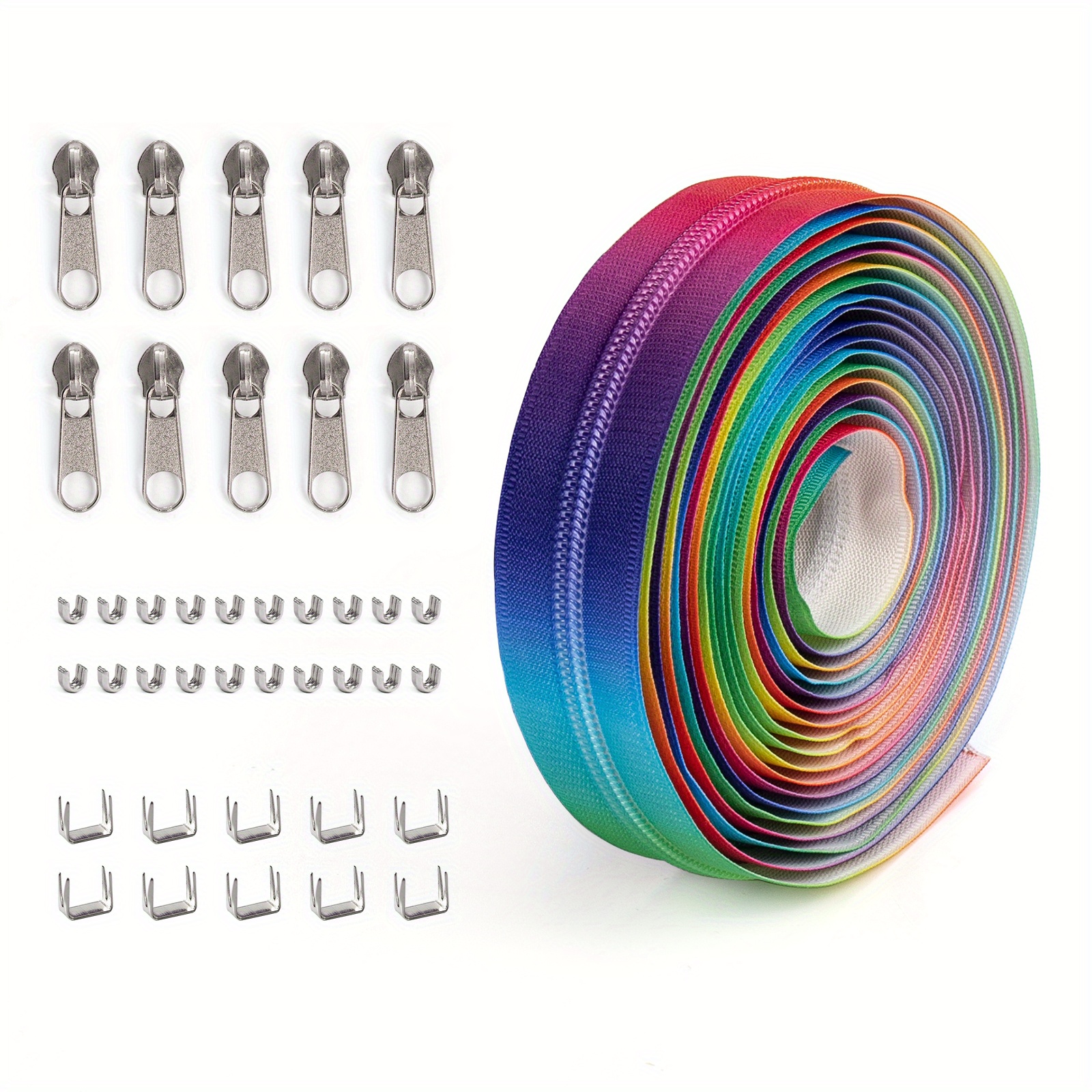 Rainbow Fun Iridescent No.5 Gradient Zipper 1 Set, 5 Yards/450cm/177 Inches Zipper, With 10 Golden Zipper Pulls Or Silvery Zipper Pulls. Suitable For Diy On Clothing, Luggage, Home Textiles, Etc.