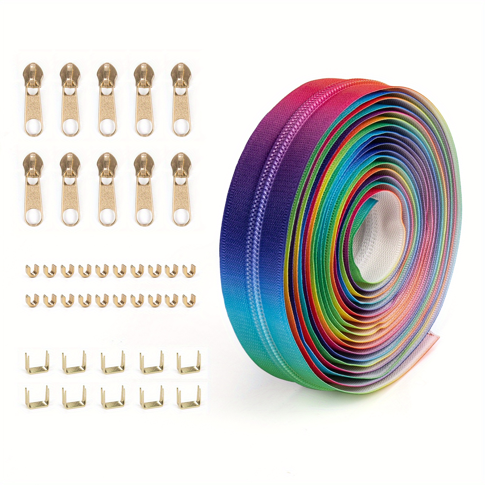 Rainbow Fun Iridescent No.5 Gradient Zipper 1 Set, 5 Yards/450cm/177 Inches Zipper, With 10 Golden Zipper Pulls Or Silvery Zipper Pulls. Suitable For Diy On Clothing, Luggage, Home Textiles, Etc.