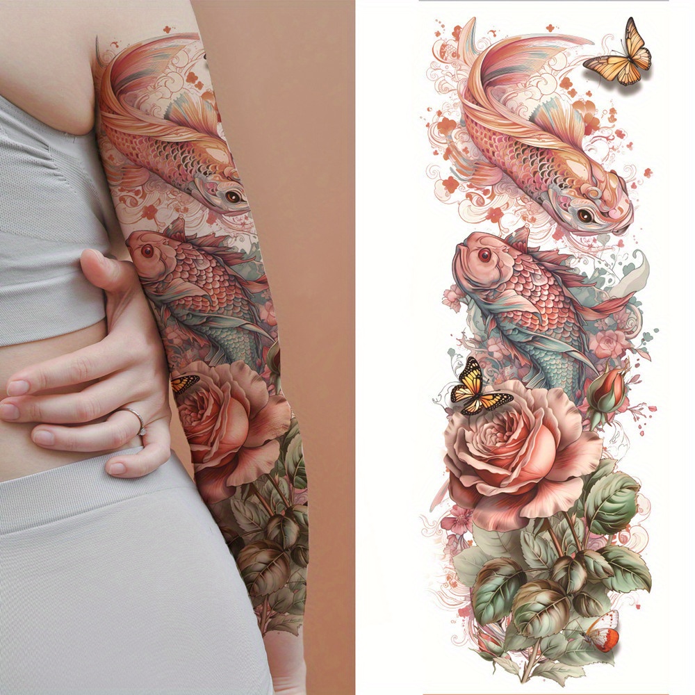 Waterproof Full Arm Temporary Tattoo Stickers - Colorful Body Art With Koi, Fox & Dragon Designs