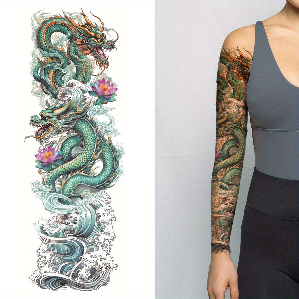 1pc Waterproof Full Arm Temporary Tattoo Sleeve - Vibrant Dragon \u0026 Koi *  with Lotus Accents, Realistic Body Art Sticker for Men and Women,  Waterproof Tattoo|Dragon *|Realistic Tattoo Print, Tattoos ..., image size:1000x1000