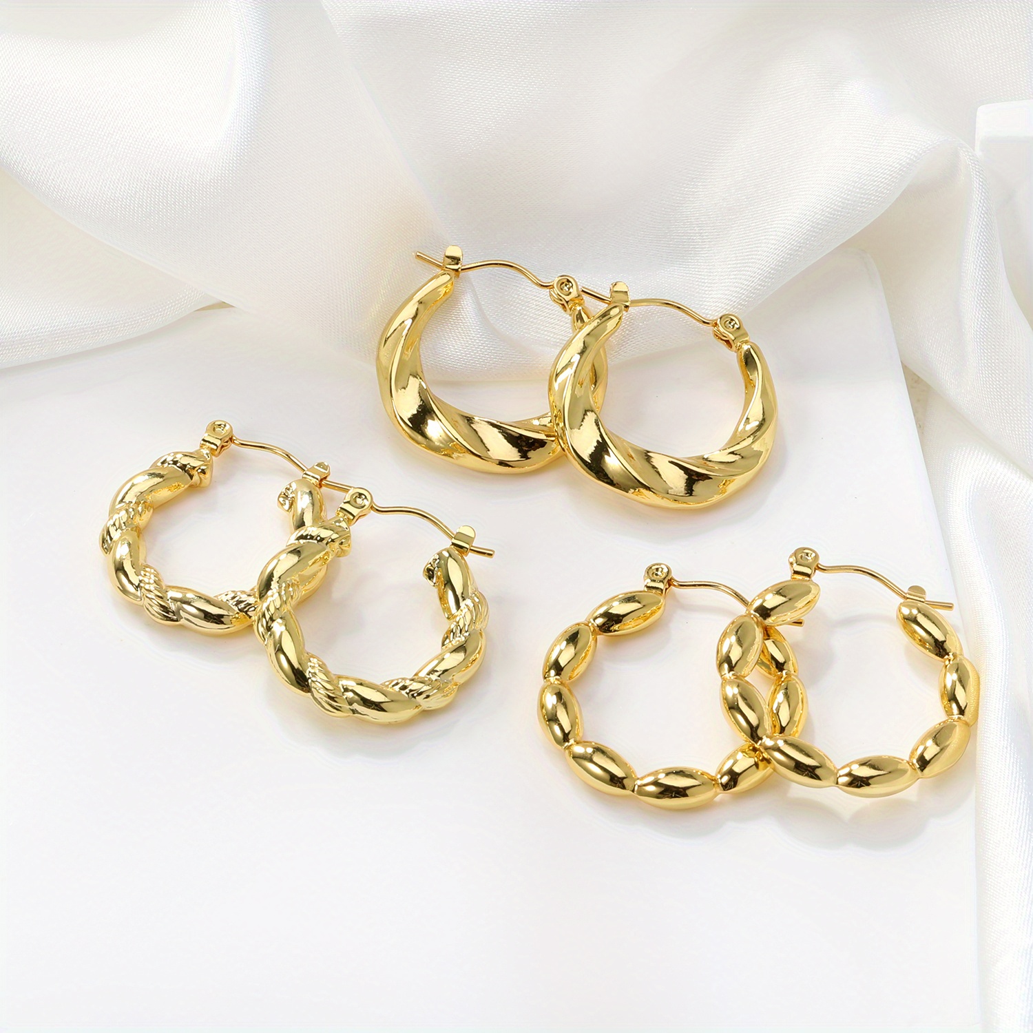 

3 Pairs Elegant 18k Golden Plated Stainless Steel Earrings Set, & Twisted Hoops, Hypoallergenic Ear Needle, For Daily & Party Wear