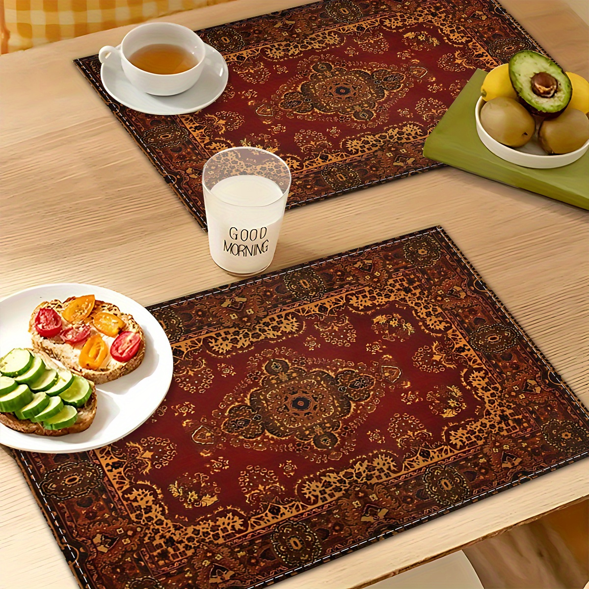 

Set Of 1/4/6 Woven Polyester Placemats - Bohemian Square Design, Water Resistant, Machine Washable, For Family, Hotel, Banquet & Holiday Use