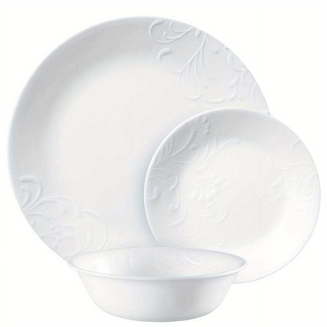 

Madeline Embossed, 12 Piece, White, Dinnerware Set