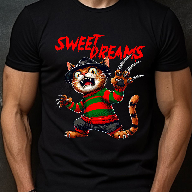

1pc Comfort Edition Cotton T-shirt For Men - Soft, Breathable And Loose For All Seasons - Premium, Regular Edition And Fun Cat Sweet Dreams
