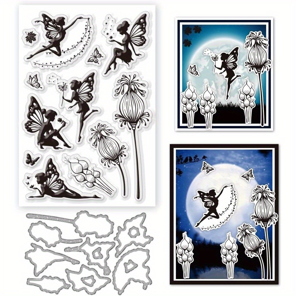 2pcs flower fairy stamps and dies for card making flower elf with wings clear stamps and cutting dies for scrapbooking crafting decorative resin casting molds