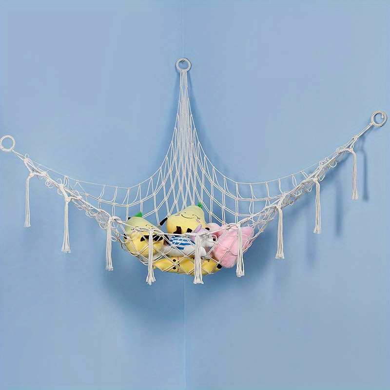 hand woven rope net hammock wall corner storage   toy net stuffed animal organizer   and storage supplies for bedroom details 5