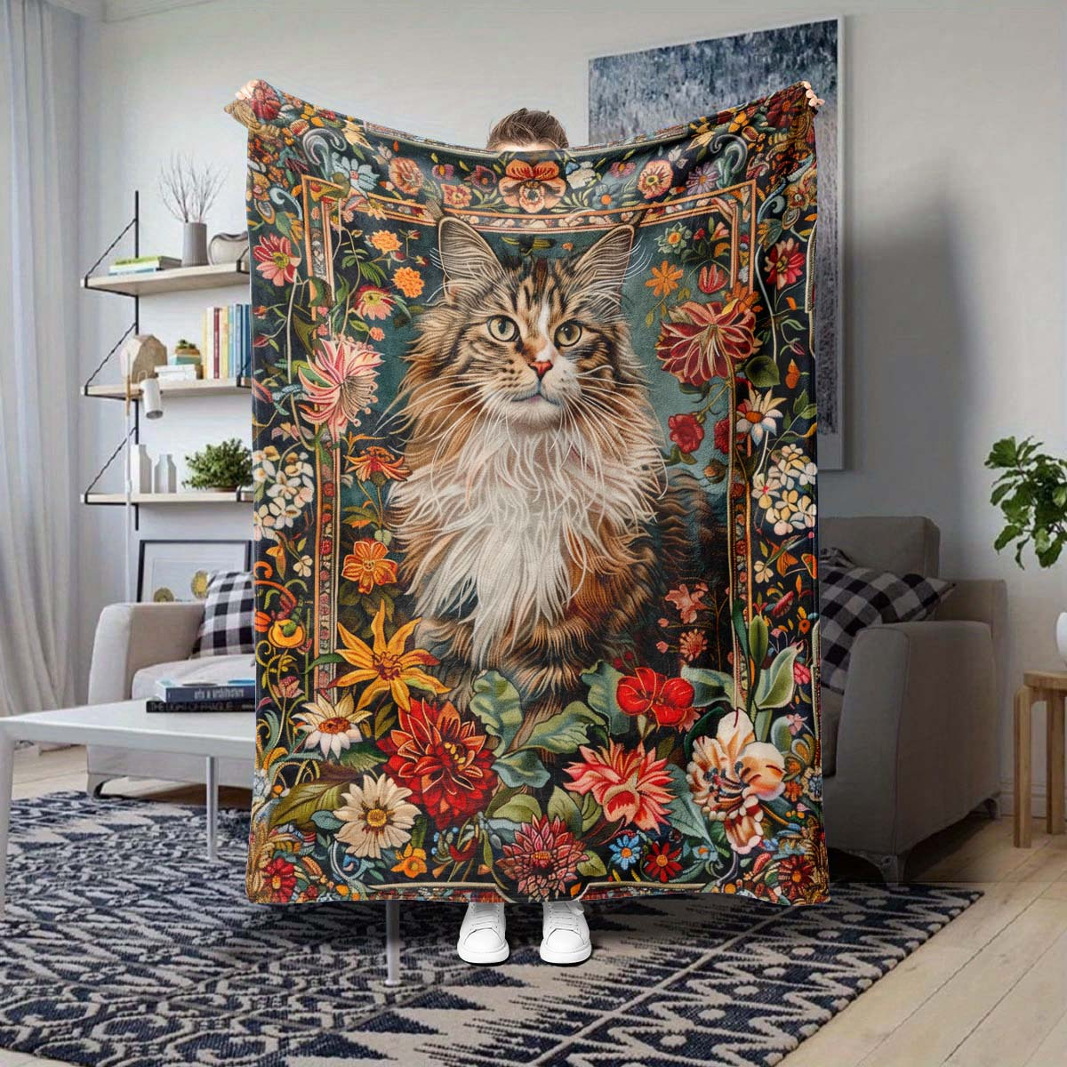 

Cozy Maine Cat Pattern Flannel Car Nap Blanket - Polyester Throw For Vehicle Interior Accessories