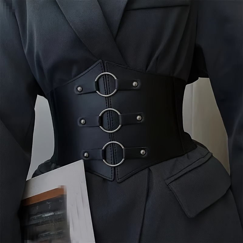 

Gothic Style 3 Button Belt, Black Rivet Decoration, Elastic Waistband, Punk Jacket Dress Belt For Women