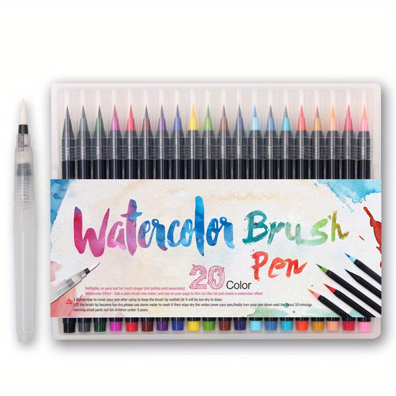 

20-color Fine Point Watercolor Brush Pen Set With Bonus Water Brush For Manga, Comics, And Adult Coloring Books