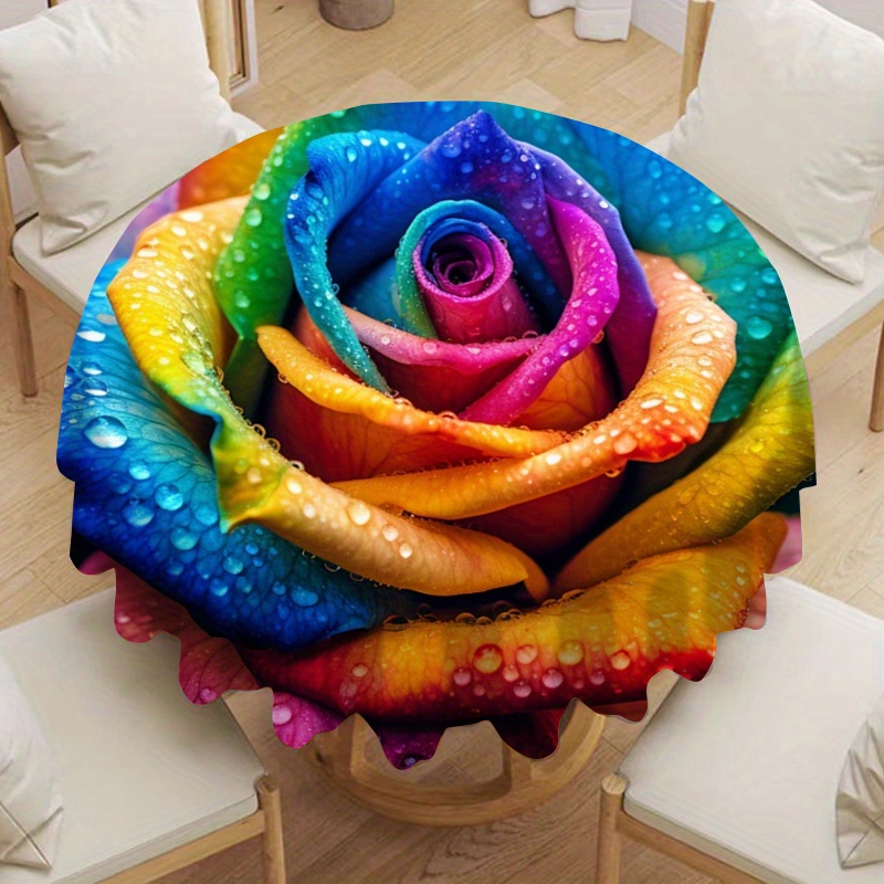 

Round Tablecloth With Rainbow Rose Print - Perfect For Home, Gift, Restaurant, Party, Tea Table, Desk, And More - Waterproof, Oilproof, Heat Resistant, And Durable