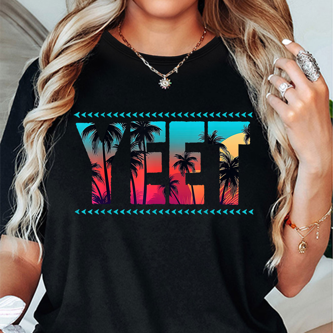 

Yeet Coconut Tree Printed Crew Neck T-shirt, Spring & Summer Short Sleeve T-shirt, Athleisure Everyday Top, Women's Wear