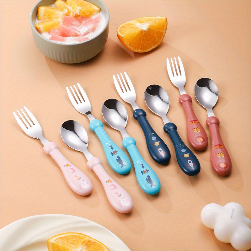 

2pcs Bpa-free Utensils Set, Stainless Steel Fork And Spoon With Storage Case, Cute Cartoon Design, Round Handle, Blue