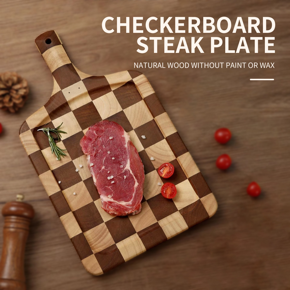 

1pc Rubber Wood Thickened Pizza Board, Fruit Board, Solid Wood Chessboard, Food Cutting Board, Cutting Board, Household Kitchen Tools