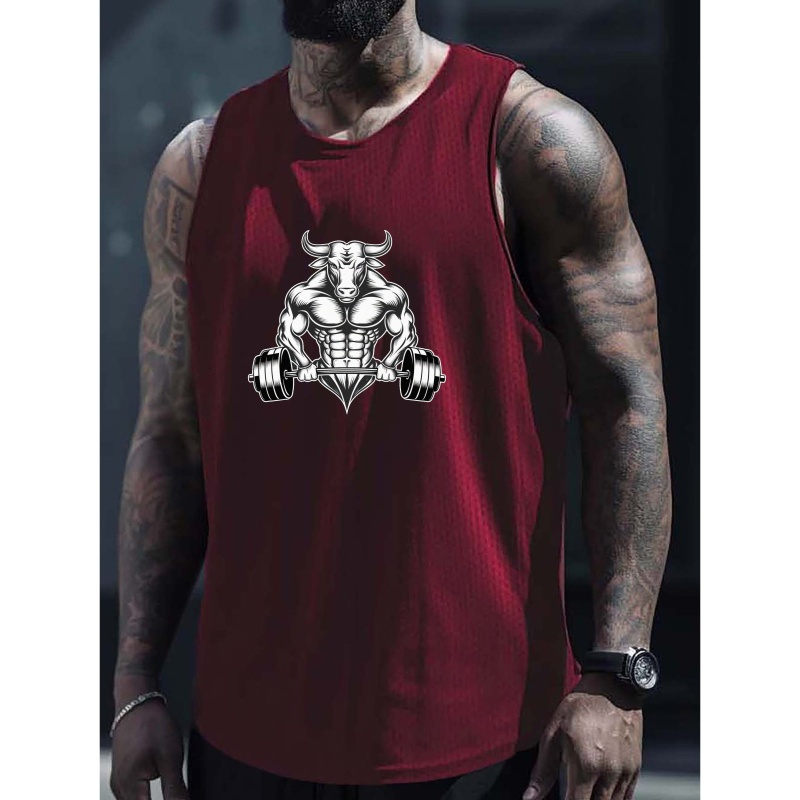 

Anthropomorphic Bull With Barbell Print Men's Tank Top, Casual Sleeveless Athletic Tank Top, Breathable Comfy Tops