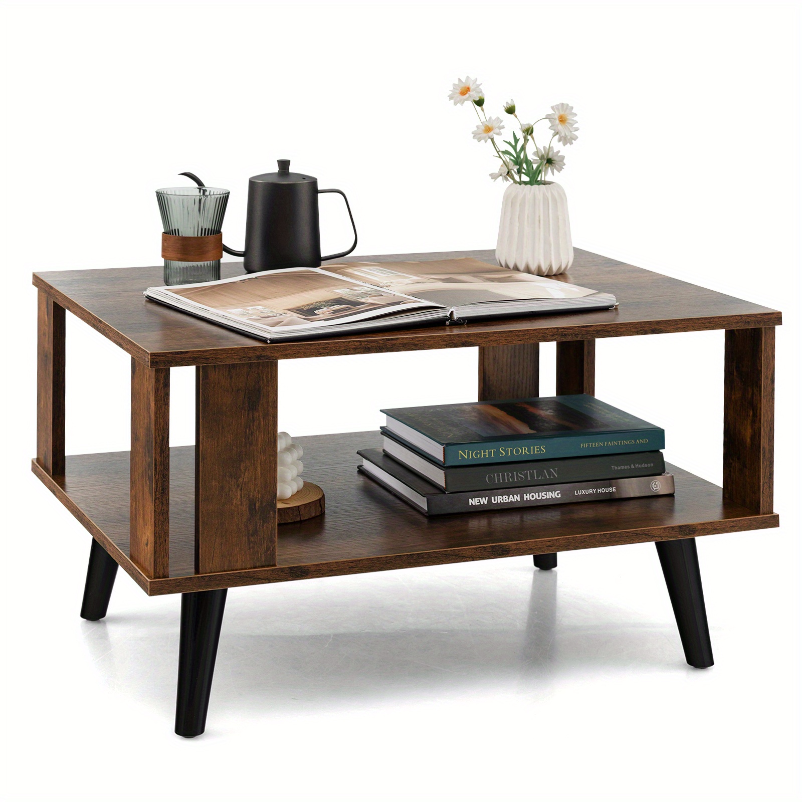 Coffee Table Retro Mid-century Coffee Table W/storage Open Shelf Living Room