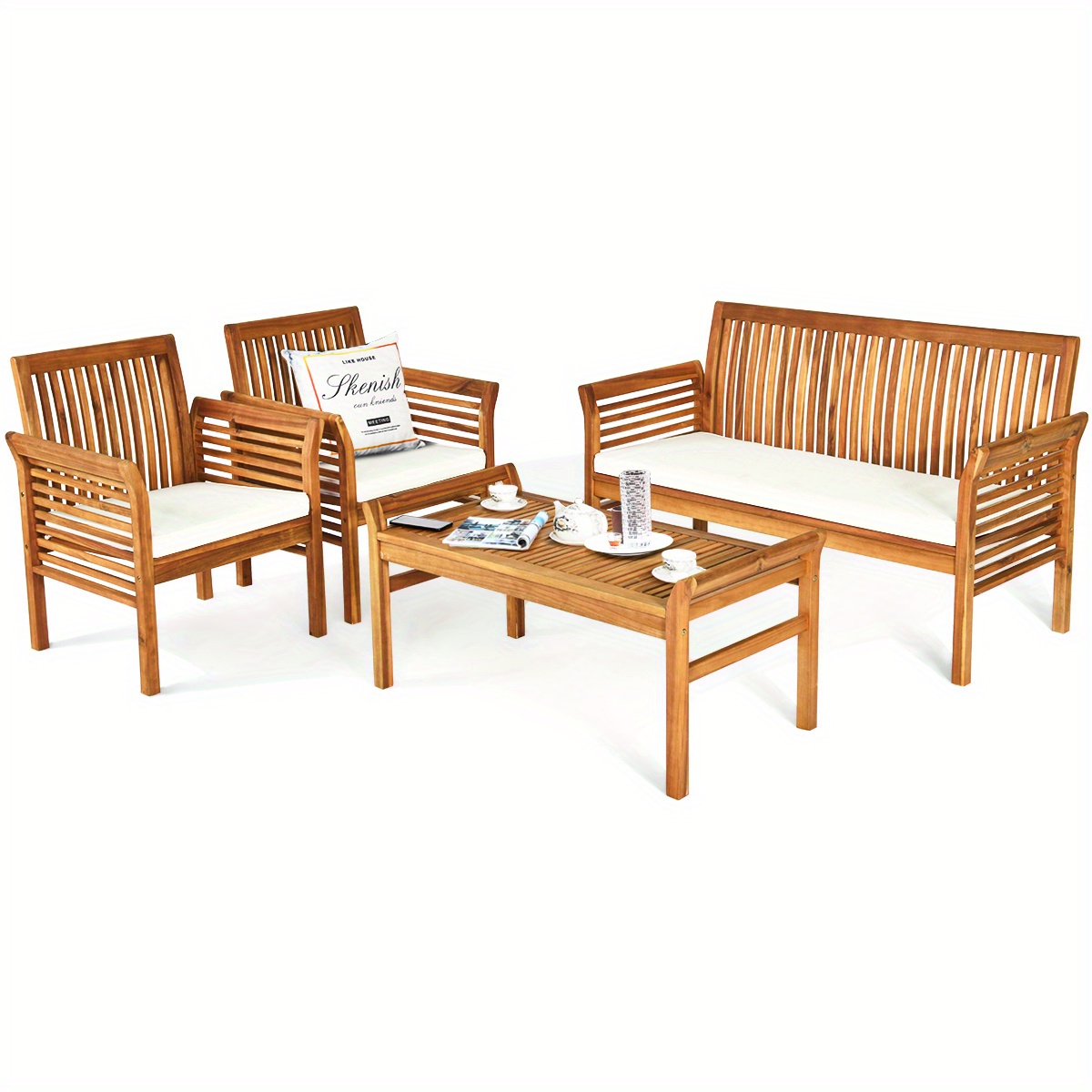 

Multigot 4 Pcs Outdoor Wood Sofa Furniture Set Cushioned Chair Coffee Table Garden Garden Houses