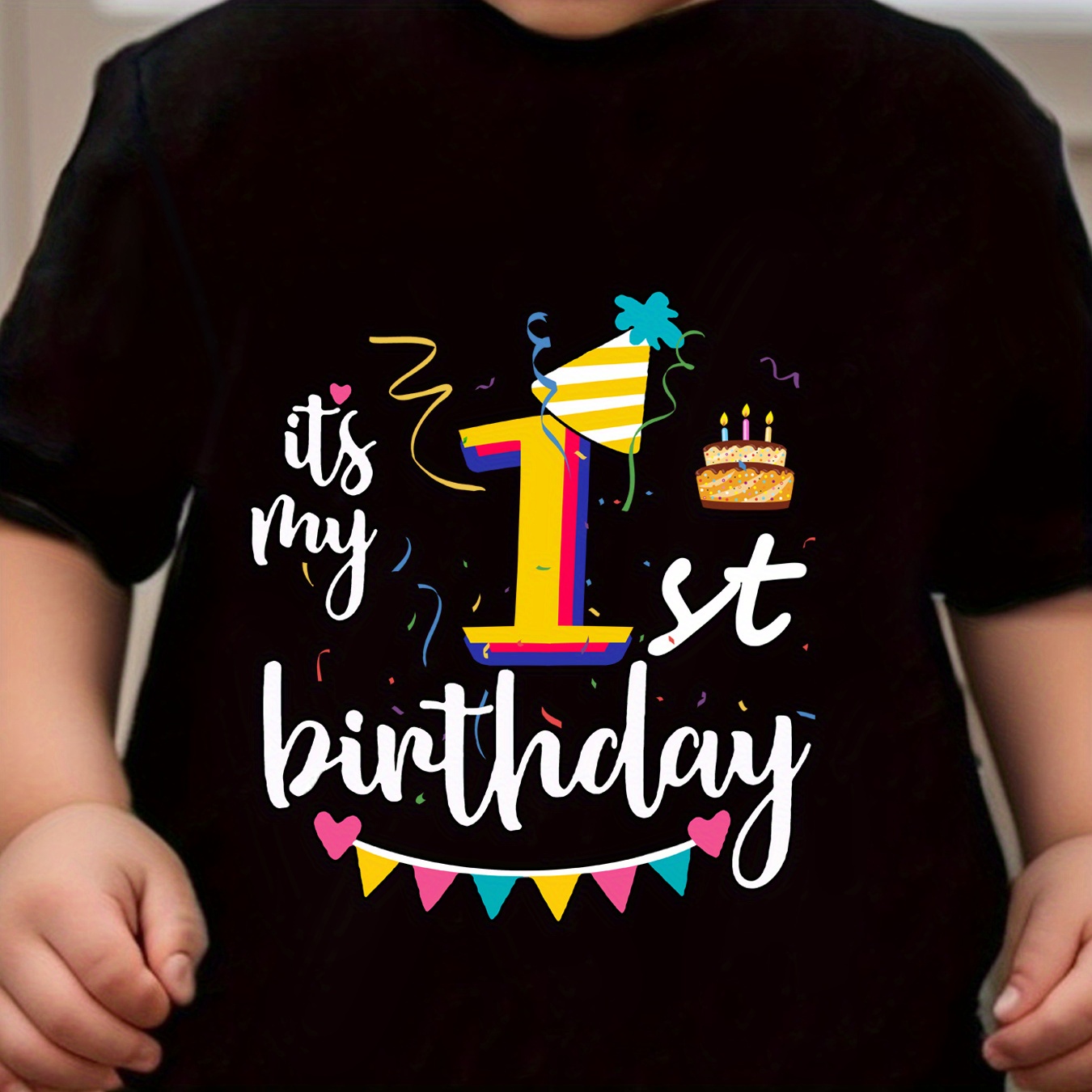 

Children's 1st Birthday Polycotton T-shirt - Casual Crew Neck Top With Alphabet And Cake Print For Boys And Girls, Regular Fit, Slight Stretch, Knit Fabric, 25% Cotton 75% Polyester, Summer Season Tee