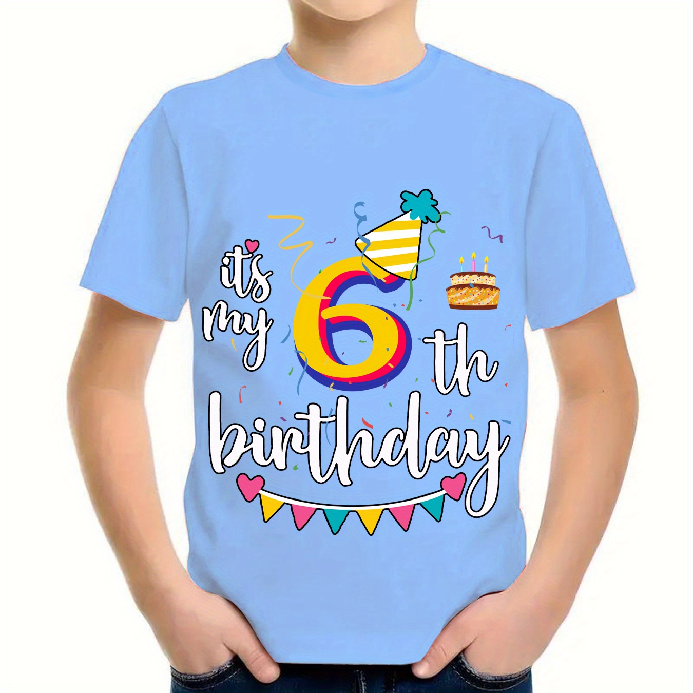 

Boy's It's My 6th Birthday Letter Print Round Neck Short Sleeve T-shirt, Summer Comfortable Casual Tee, Breathable Summer Boys Clothes