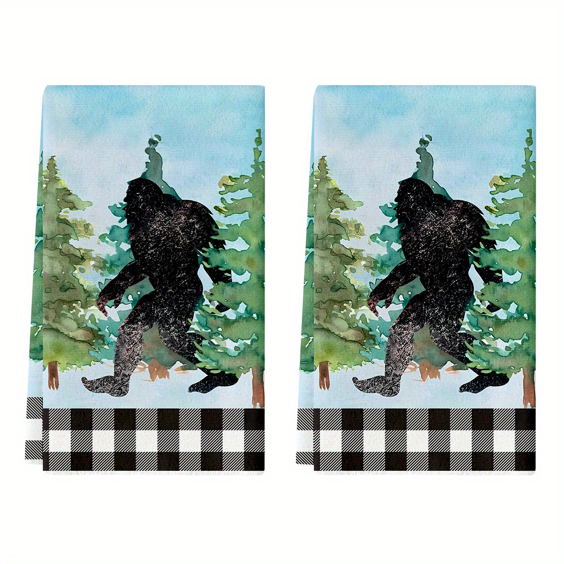 

Vintage Style Sasquatch Watercolor Kitchen Dish Towels, Set Of 2, Polyester Knit Fabric, Cartoon Theme, Oblong Hand Towels For Seasonal Decor, Machine Washable, 16x24 Inch