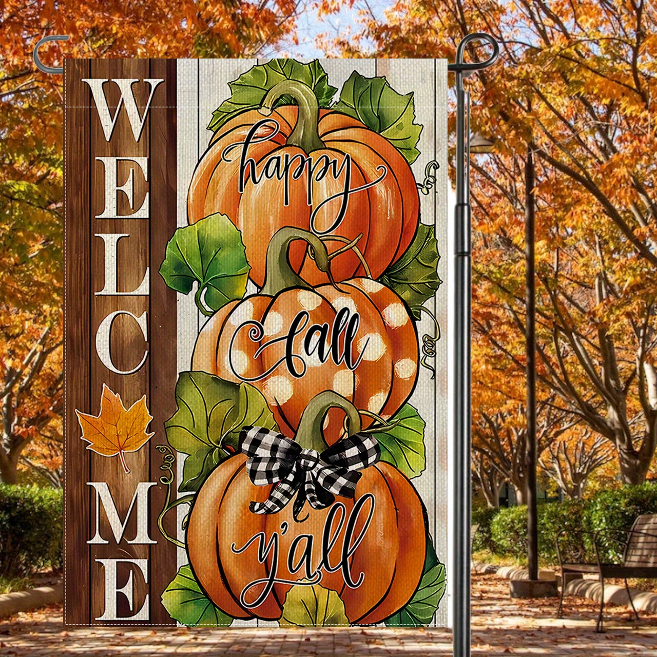 

Welcome - Double-sided Garden Banner, 1pc Multipurpose Polyester Farmhouse Pumpkin Design, Weather-resistant Yard Display For Fall And Thanksgiving Decor, Fits Standard Stands, No Power Needed