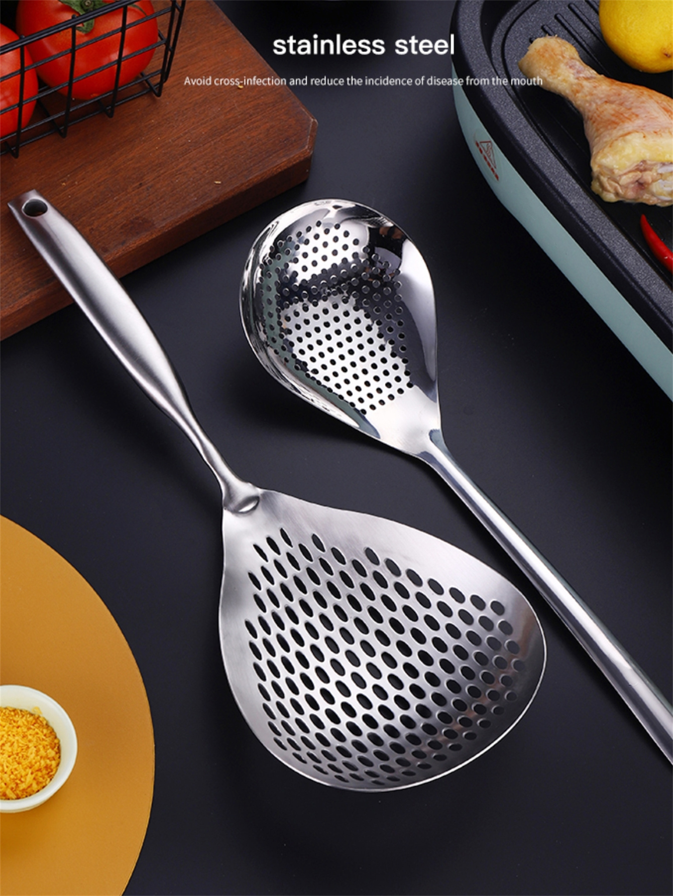 1pc stainless steel skimmer spoon sus304 large perforated strainer for frying cooking kitchen skimmer for noodles fried food seamless   design dishwasher safe details 6