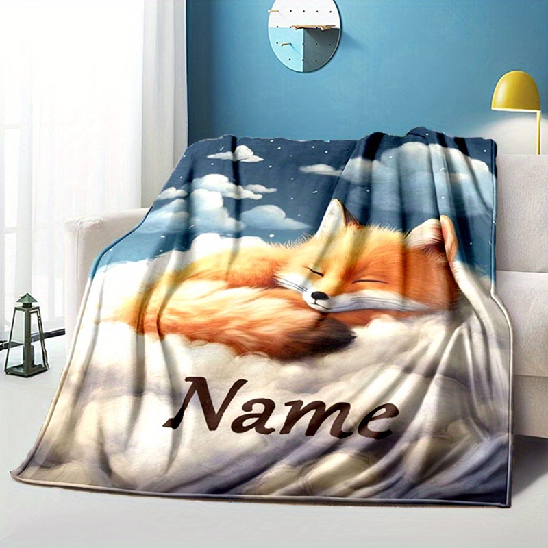 Image of 1pc Custom Name Blankets Animal Fox Printed Soft Warm Blanket For Bed Sofa Personalized Blanket Ideal For Couples, , Family Birthdays, Anniversaries, Holidays