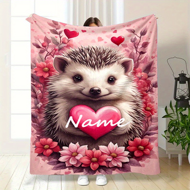 

1pc Custom Name Blankets Animal Cute Hedgehog Printed Soft Warm Blanket For Bed Sofa Personalized Blanket Ideal For Couples, Friends, Family Perfect For Birthdays, Anniversaries, Holidays