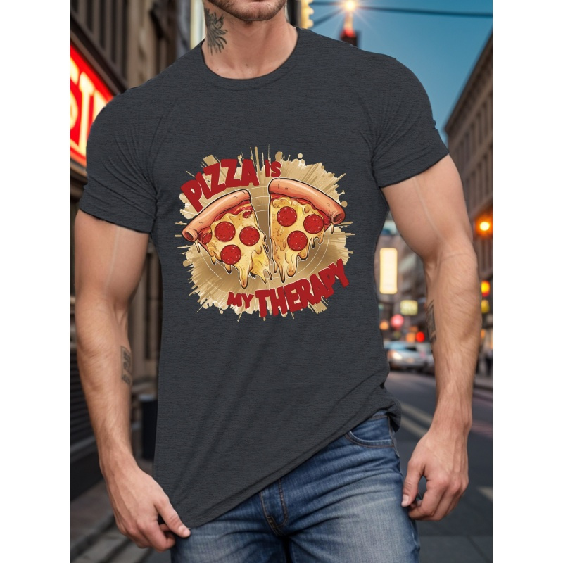 

Pizza Is My Therapy Print, Men's Crew Neck T-shirt For Summer, Men's Clothing Tops For Daily And Resorts