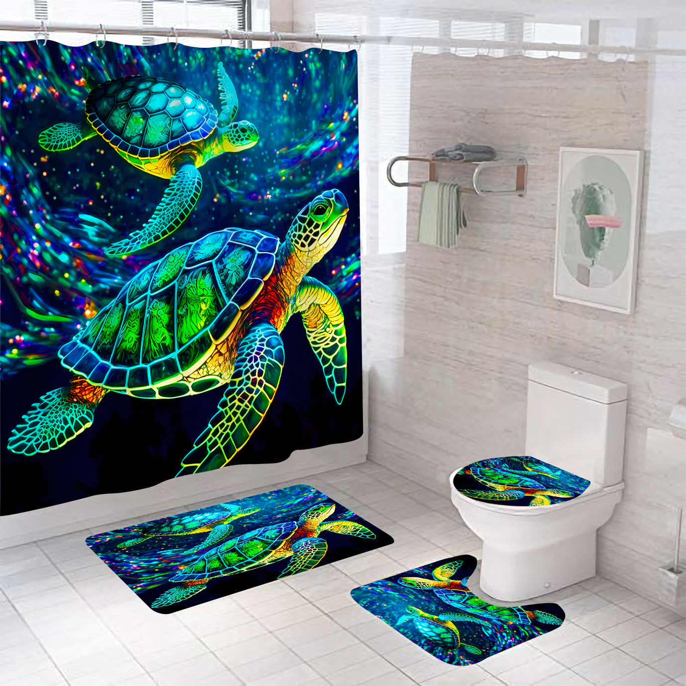 

Vibrant Turtle And Fish Shower Curtain Set With 12 Hooks: Includes Bath Mat, Pedestal Rug, And Lid Toilet Cover - Perfect For Christmas Bathroom Decor