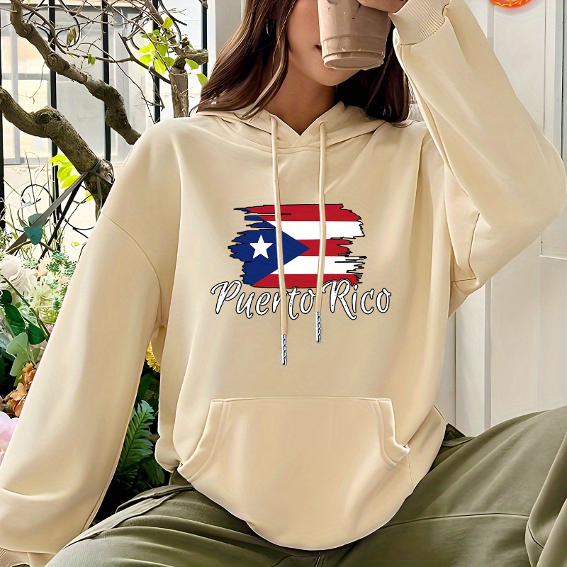 

Women's Comfortable Hoodie - Drawstring Pullover With Puerto Flag Print, Long Sleeve Sweatshirt For Fall/winter, Machine Washable, Polyester Casual Sportswear With Kangaroo Pocket