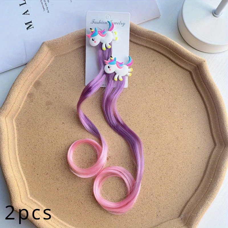 Image of 2 Colorful Gradient Rainbow Ponytail Wig Braid Curly Hair Clips