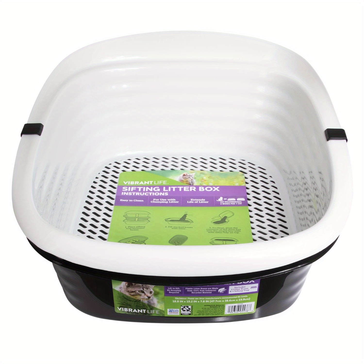 

Sifting Cat Litter Box, 2 Open Top Plastic Cat Litter Pans And Cat Litter Tray, Large, Black