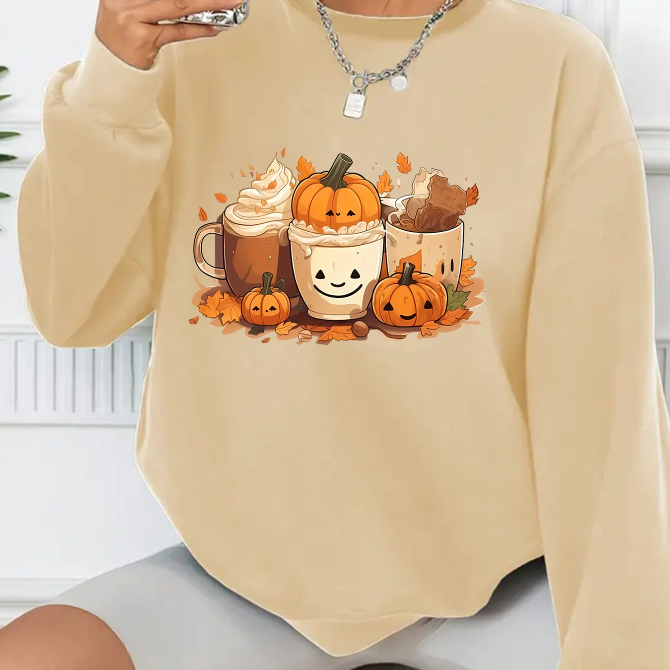 

Women's Casual Pumpkin Print Fleece-lined Thick Pullover Sweatshirt, Knitted Polyester, Machine Wash, Round Neck Slight Stretch