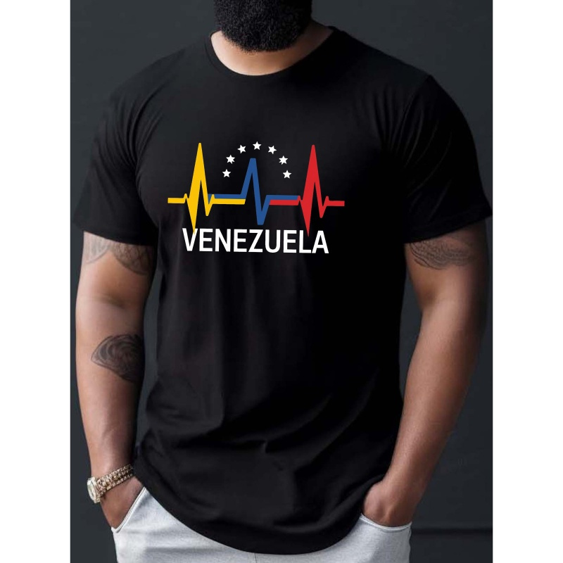 

Venezuela Heartbeat Design Print Tee Shirt, Men's Casual Round Neck Summer T-shirt, Comfy Versatile Outdoor Top For Daily Wear