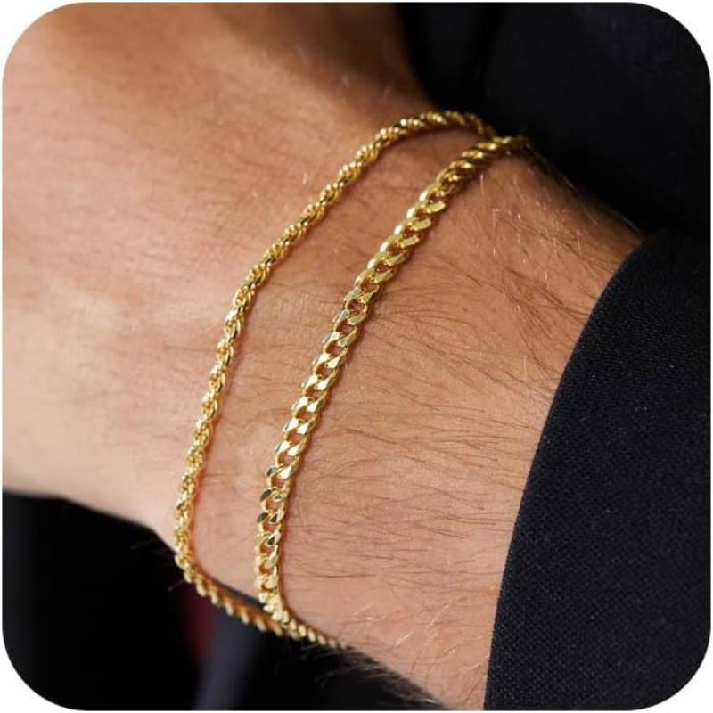 

Gold-plated Layered Bracelet Set For Men Cord Cuban Link Bracelet Set For Men Jewelry Gifts For Fathers, Boyfriends, Husbands