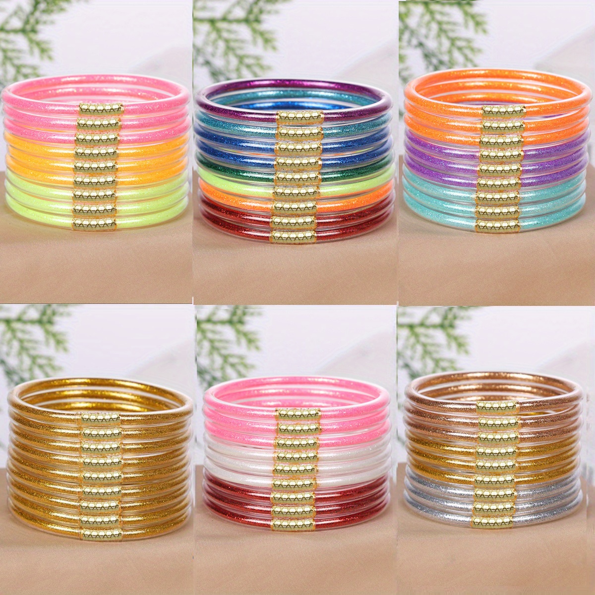 

9pcs Vibrant Glitter Jelly Bangle Bracelet Set For Women - Waterproof, Beach Parties & Casual Attire, , Bangles