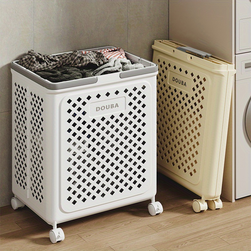 

Plastic Foldable Laundry Hamper With Wheels, Multi-functional Rolling Clothes Basket, Space-efficient Storage Organizer For Bedroom, Bathroom, Office - 1pc