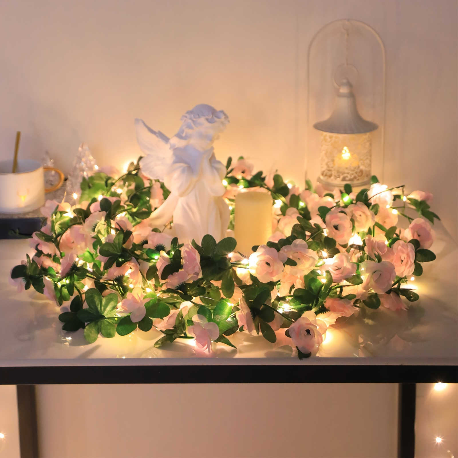 TEMU de fleurs artificielles roses roses éclairées à 10 LED de 110 cm, fonctionne à piles pour fête d'anniversaire, jardin, chambre à coucher, fête,