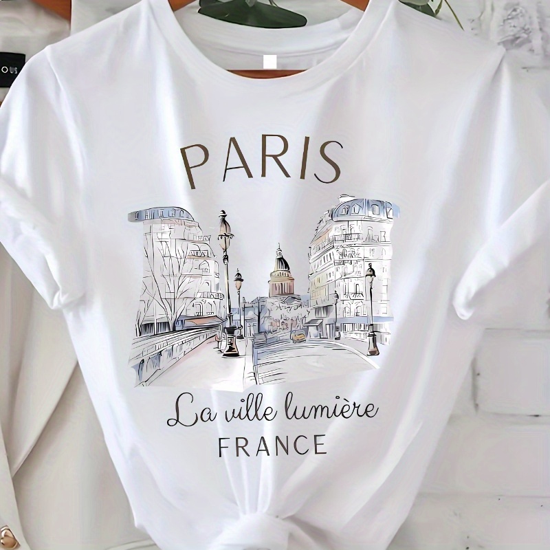 

Summer Women's Front Printed Short Sleeve T Shirt Top Comfortable Breathable Fabric Casual Paris