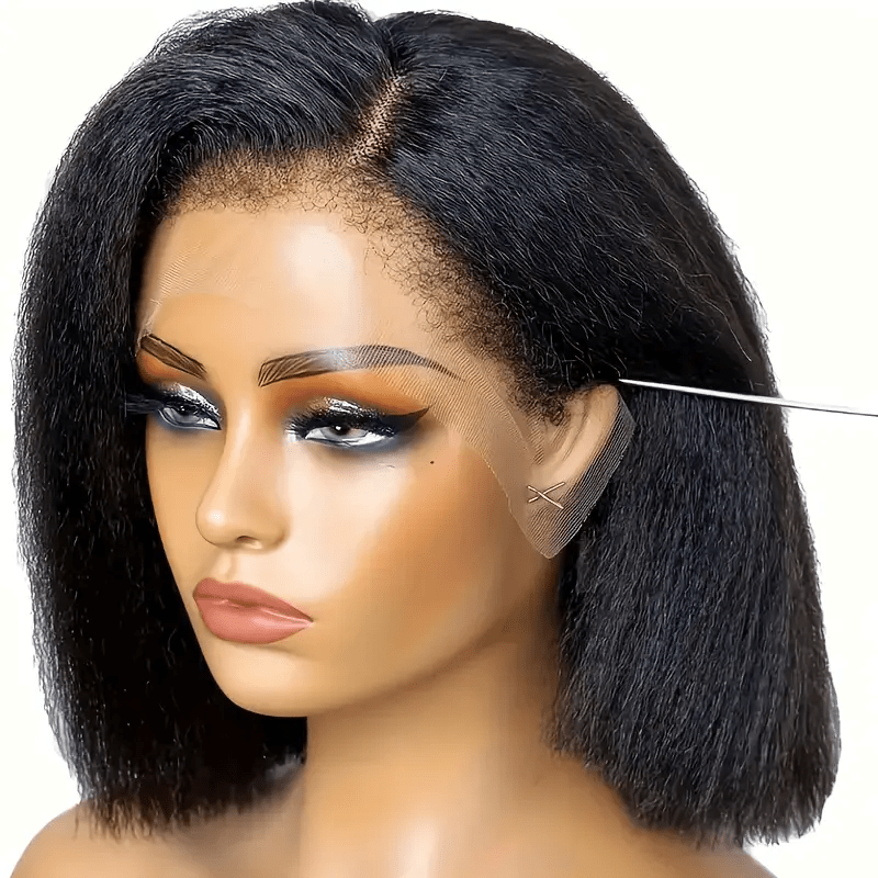 

Elegant Kinky Straight Bob Lace Front Wig For Women - 13x4 Hd Transparent , Pre- & Glueless, Brazilian Human Hair, 200% Density, In 10", 12", 14", 16" Sizes