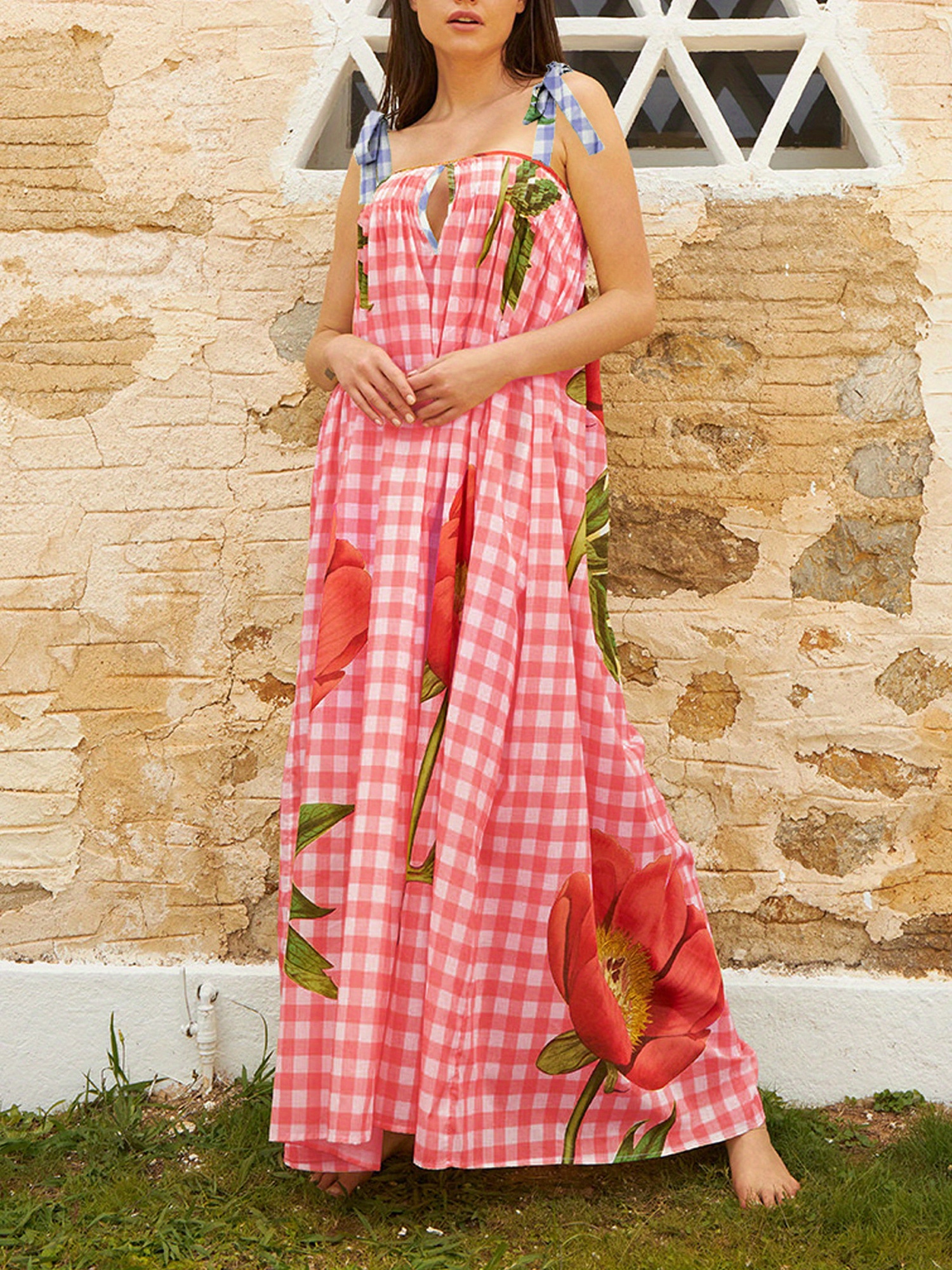womens floral neck lace long dress - Temu