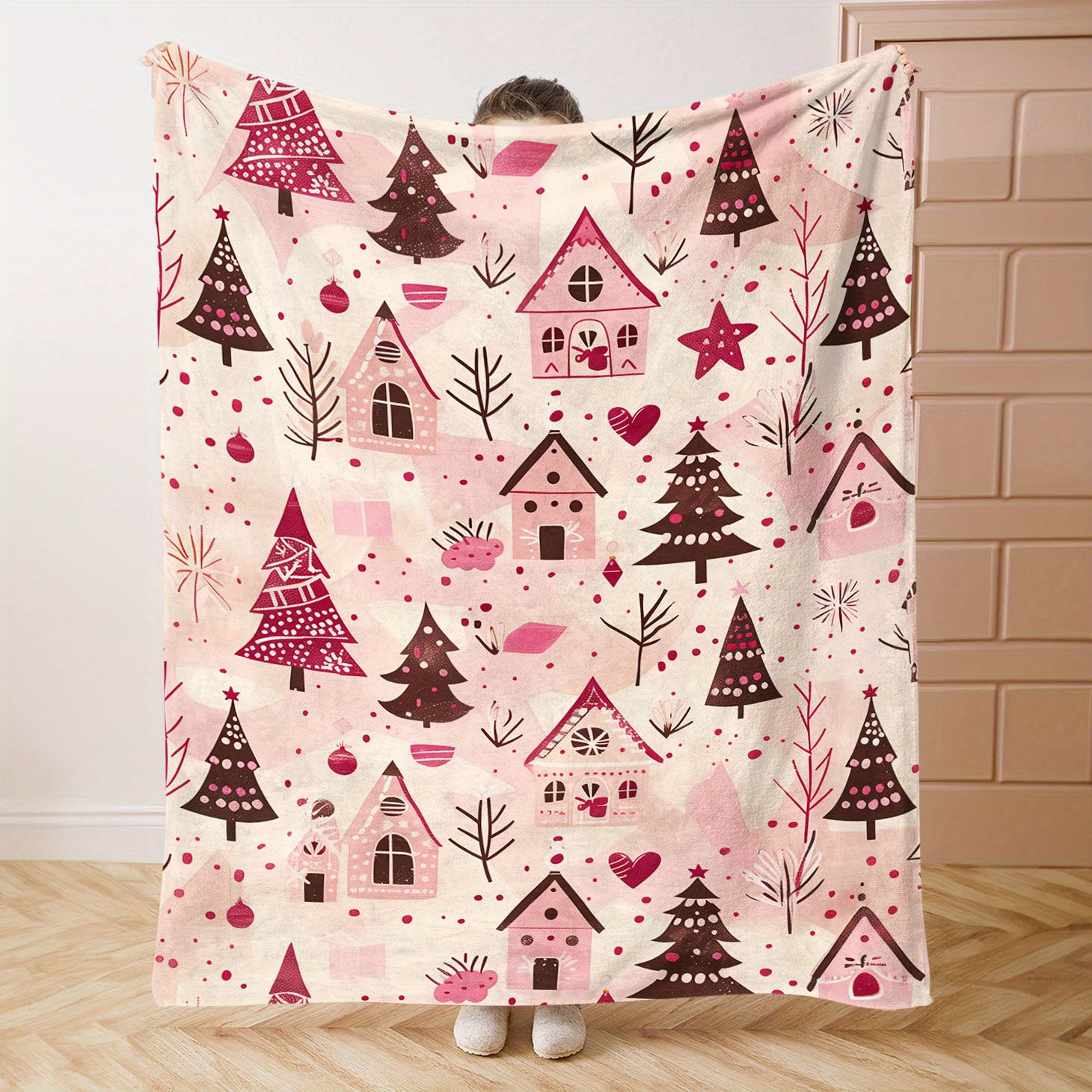 

Pink Mid-century Christmas Puzzle Flannel Throw Blanket - Soft Cozy Polyester Knit With Gingerbread House & Tree Print For Bed, Sofa, Office, Camping - All-season Digital Printed Comfort Throw