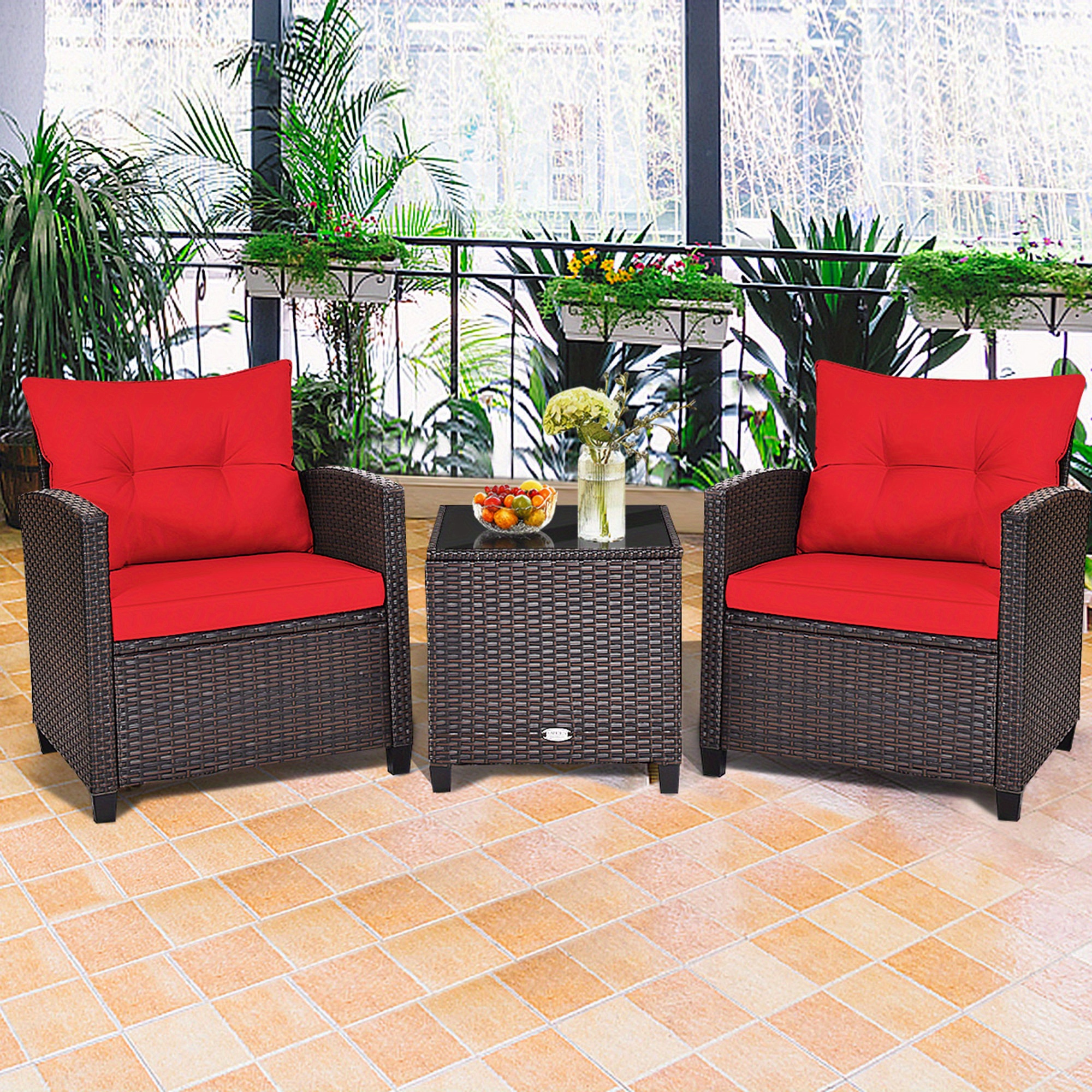 TEMU Goplus Ensemble de Conversation en Rotin pour Extérieur 3 Pièces avec Table Basse et Coussins Rouges