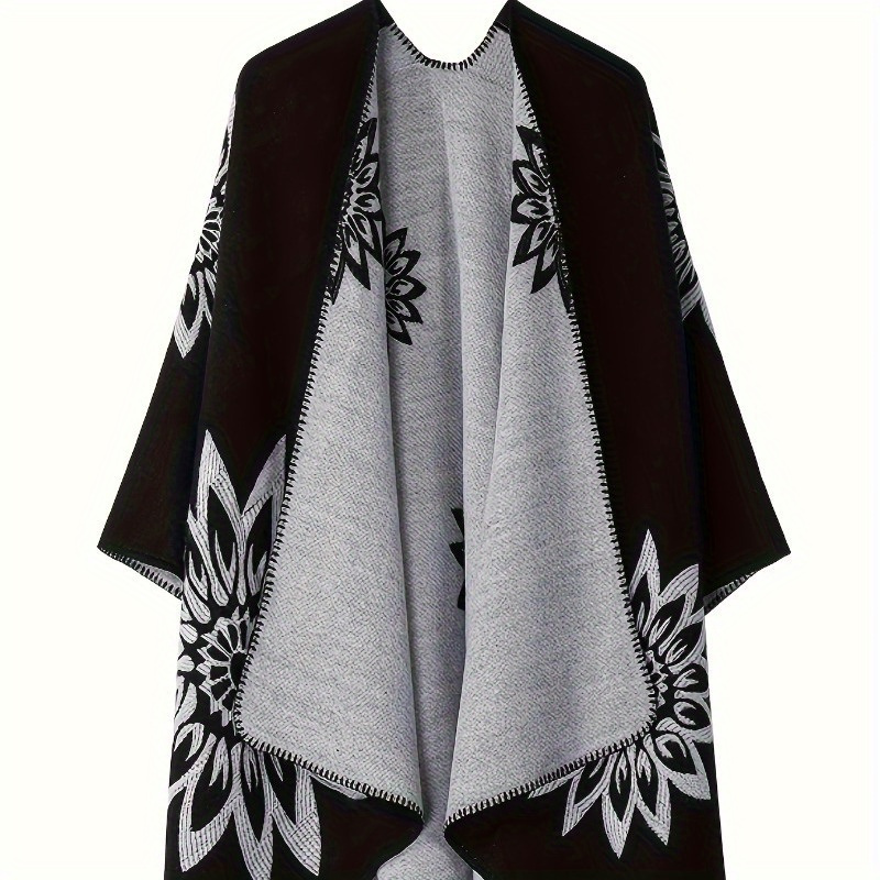 

Boho Size Women's Shawl - Elegant Mandala Print, Double-sided Open Front With Waterfall Collar & Batwing Sleeves, Warm Knit Cape For Casual