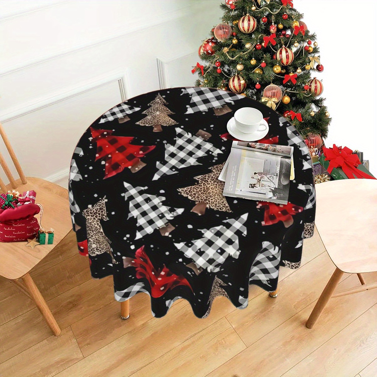 

Merry Christmas Plaid & Tree Round Tablecloth - Stain-resistant, Washable Microfiber For Holiday Parties & Home Decor, Perfect Gift