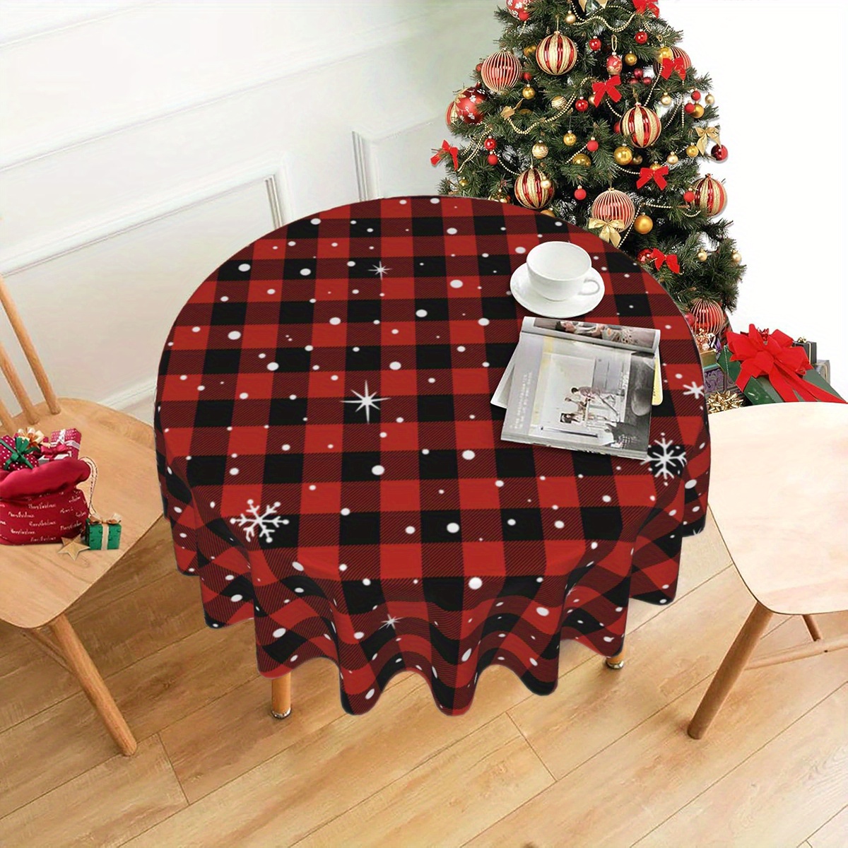 

Snowflake Plaid Pattern Round Tablecloth - 1pc, 100% Polyester, Machine Woven, Stain-resistant, Washable Fine Fiber Table Cover For Kitchen And Dining Room, Holiday Party Decorations