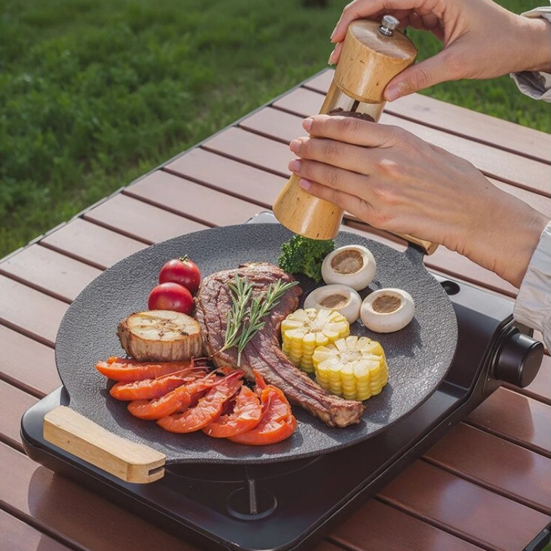 

Nonstick Korean Bbq Grill Pan - Iron With 2 Wooden Holders, Indoor & Outdoor Cooking, Compatible With All Stove Types