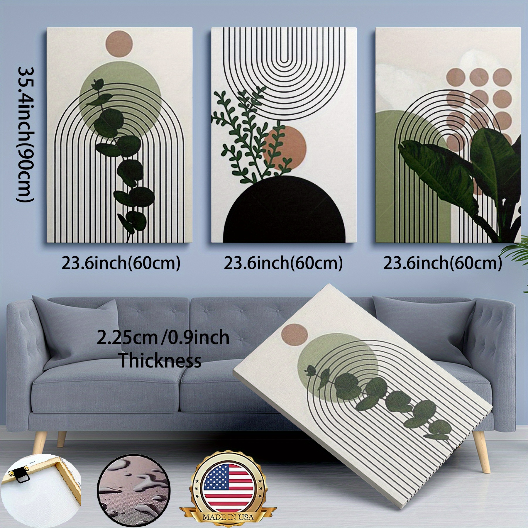 

3pcs Framed Canvas Posters, Bohemian Style Abstract Green Plant Leaves Vase Sun Line Wall Painting Poster And Print Image For Living Room, Bedroom, Hallway, Office Decoration