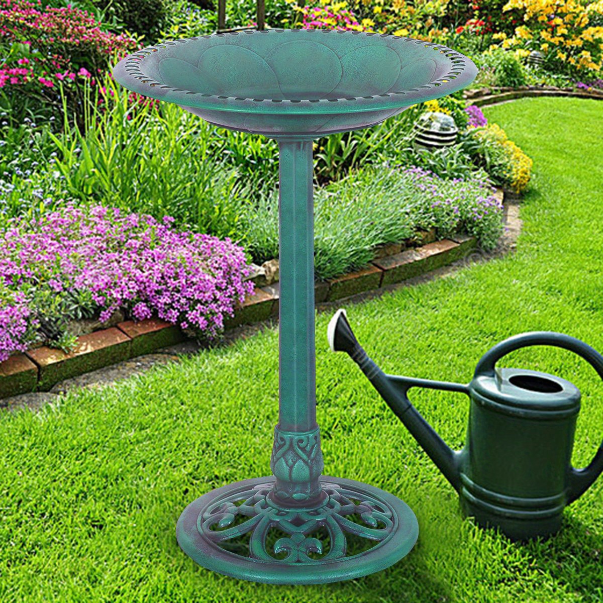 

Gymax Green Pedestal Bird Bath Feeder – Freestanding, Weather-resistant Resin With Decorative Accents, Scalloped Design For Garden And Patio Decor